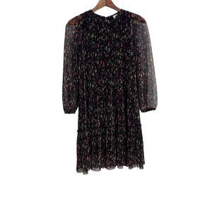 Zara Floral Pleated Sheer Sleeve Keyhole Back Tiered Mini Dress Black Size 11-12